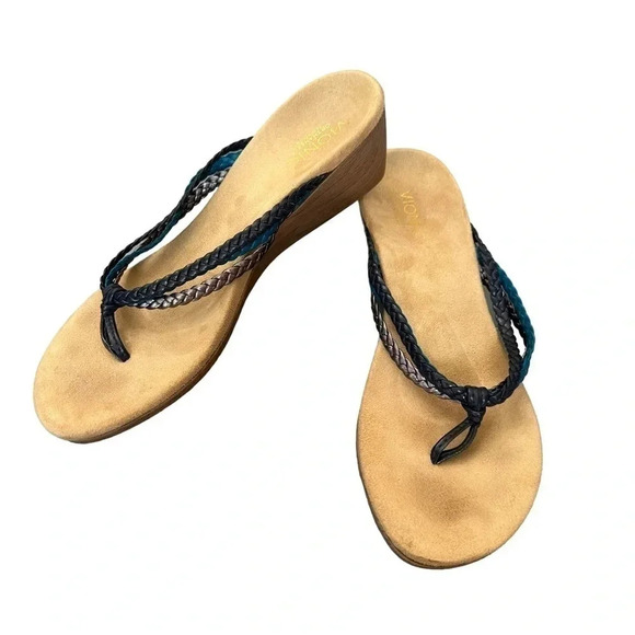 Vionic Orthaheel sandals 10 Ramba blue black pewter braid strap flip flop wedge - Picture 2 of 7